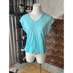 Jane Ashley Top, Aqua Blue, Sequin Embellished,‎ Crocheted V Neck, Cotton, Large